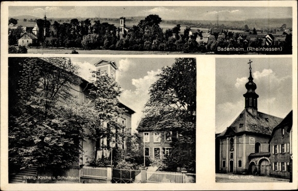 Briefkaart Badenheim Rijnland-Palts, Panorama, Katholieke Kerk, Ev. kerk, schoolgebouw