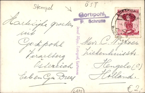 Postcard country postmark Gortipohl P. Schruns, Vorarlberg Austria