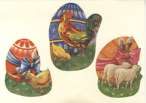 3 wafers (new) colorful Easter eggs with chicks, lambs, rooster, each approx. 12 x 10 cm