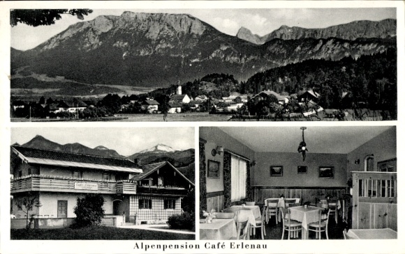 Postcard Oberaudorf in Upper Bavaria, Panorama, Alpenpension Café Erlenau, owner Anny Bredl