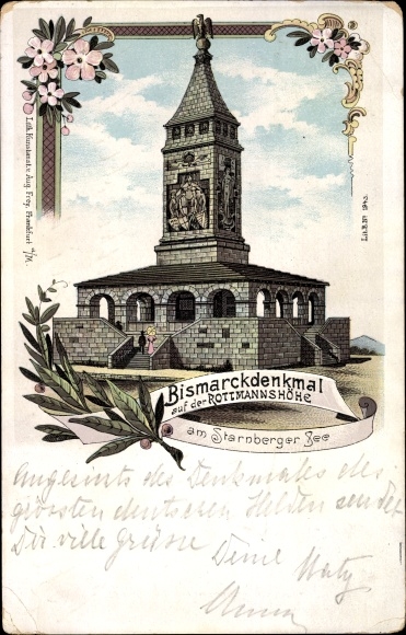 Chromo-Litho Assenhausen Berg am Starnberger See in Upper Bavaria, Bismarck monument on the Rottmannshöhe