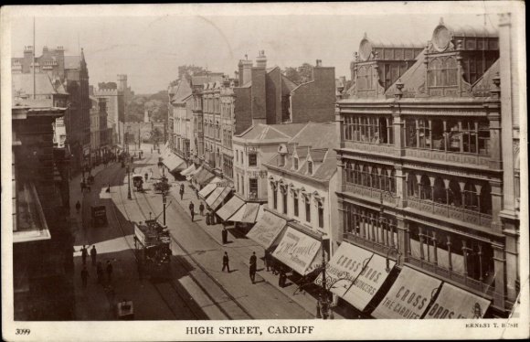 Postcard Cardiff Wales, elevated road, shops, architecture, tram