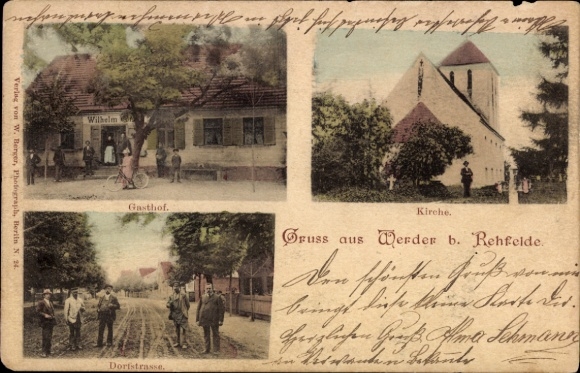 Postcard Werder Rehfelde in der Mark, Inn, Church, Village Street