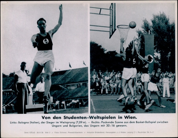 Photo Student World Games in Vienna, long jumper Bologna, basketball game Hungary-Bulgaria