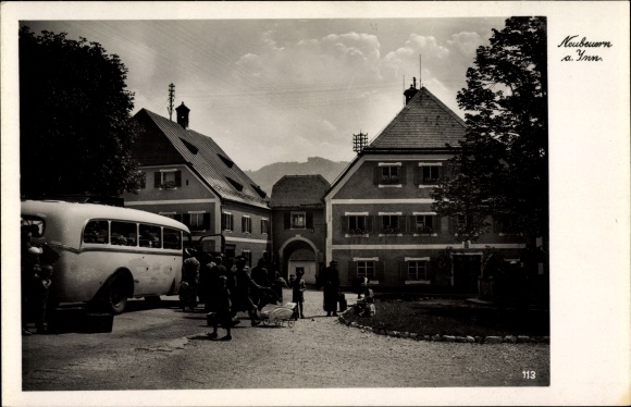 PC Neubeuern am Inn, residential building, bus with passengers, prams, residential building