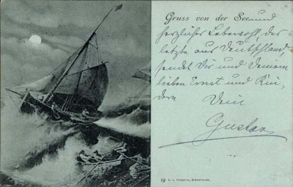 Moonlight Postcard Sea Rescue, Lifeboat, Stormy Sea