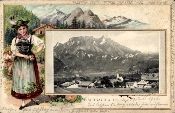 Embossed Passepartout Postcard Fischbach Flintsbach am Inn Upper Bavaria, partial view, woman in traditional costume