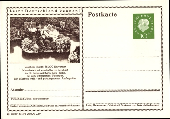 Briefkaart ansichtkaart Gladbeck in het Ruhrgebied van Westfalen, waterburcht Wittringen