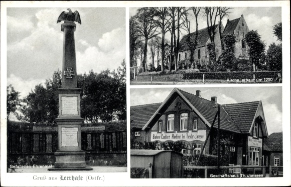 Postcard Leerhafe Wittmund in East Frisia, memorial to the fallen, church, Th. Janssen commercial building