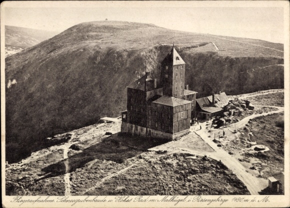 Ak Szklarska Poręba Schreiberhau Silezië, Schneegrubenbaude, Hohes Rad, Malhügen