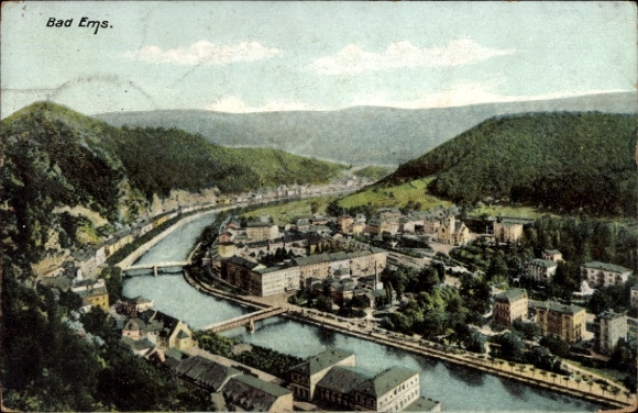 Ak Bad Ems an der Lahn,  Flusslandschaft, Berge, 