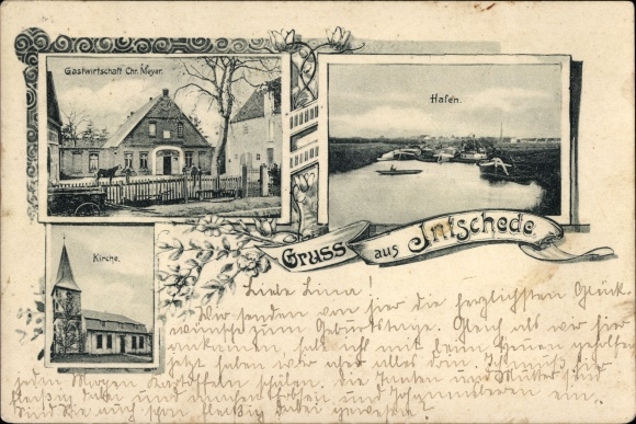 Postcard Intschede Blender, harbor, church, inn