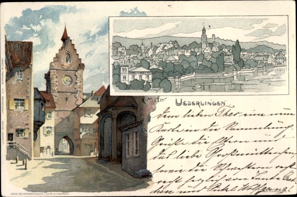 Artist Chromo-Litho Mutter, K., Überlingen on Lake Constance Baden Württemberg, gate, townscape
