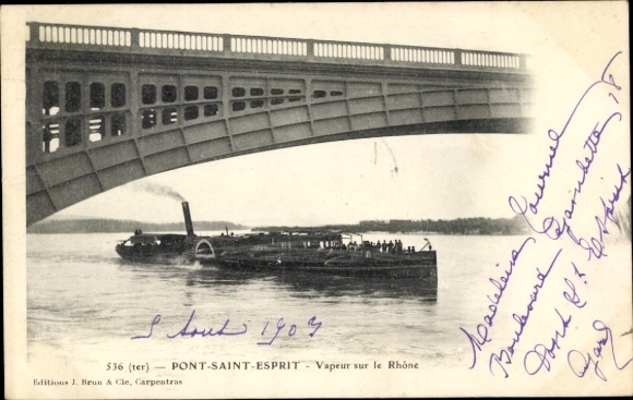 Postcard La Grand Combe Gard, Rhone, paddle steamer, bridge