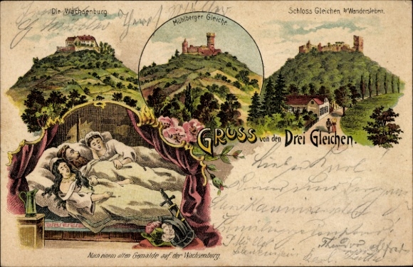 Litho Drei Gleichen Thüringen, Wachsenburg, Mühlberger Gleiche, Schloss, Gemälde
