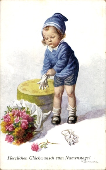 Postcard congratulations name day, boy, bouquet, gloves