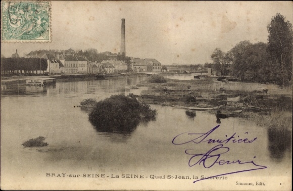 Ak Bray sur Seine Seine et Marne, Seine, Quai Saint Jean, Suikerfabriek, Schoorsteen