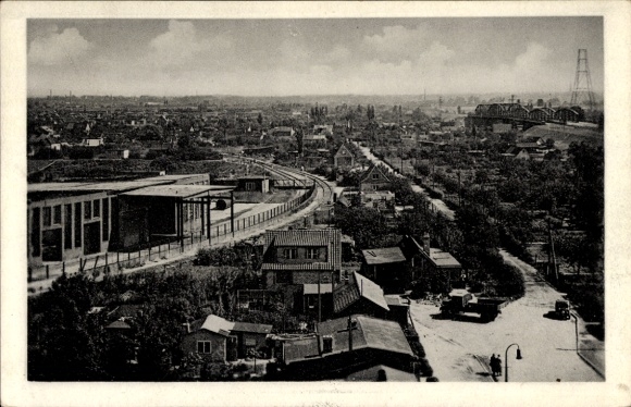 Ansichtkaart Hamburg Bergedorf Moorfleet, panorama, vrachtwagen, brug, spoorlijnen