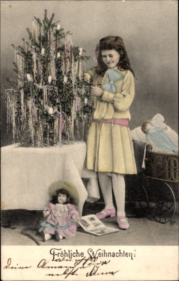 Postcard Merry Christmas, Christmas tree, girl, doll