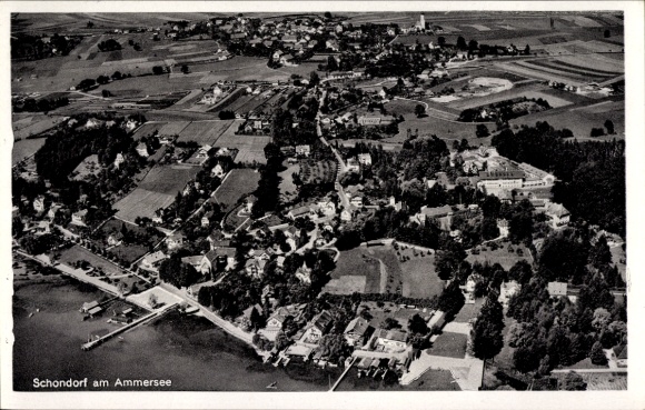Ak Schondorf am Ammersee Opper-Beieren, luchtfoto van Schondorf, Ammersee, veel bomen, weilanden, etc.