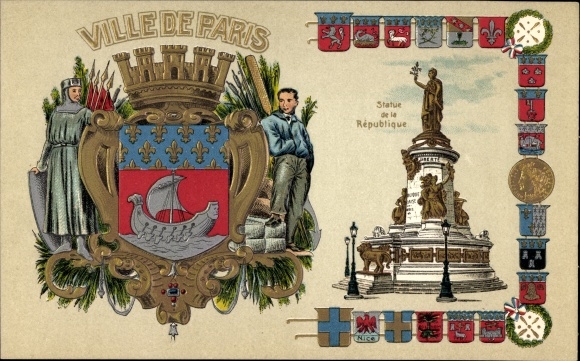 Wapenschild in reliëf litho Paris III, Ville de Paris, Statue de la Republique