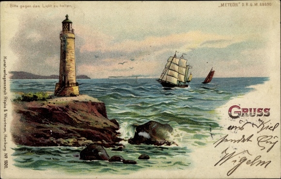 Stop counter light Chromo-Litho lighthouse, sailing ship, Meteor No. 150
