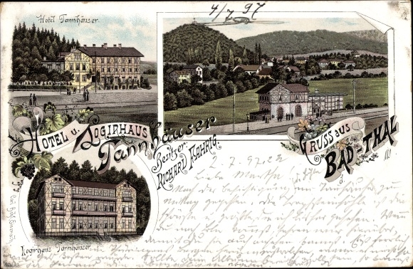 Chromo-Litho Thal Ruhla in the Wartburg district of Thuringia, guest house Tannhäuser, train station, track side