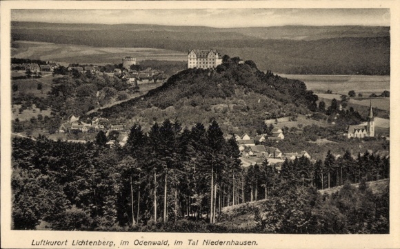 Postcard Lichtenberg Fischbachtal in the Odenwald, climatic health resort Odenwald, Niedernhausen valley, landscape, ...