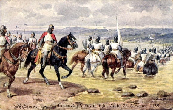 Artist Postcard Mathauser, Jos., Cechove preplavuji reku Addu 1158