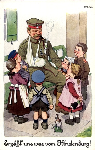 Artist Postcard Engelhard, POE, Tell us something about the Hindenburg, war veteran, children