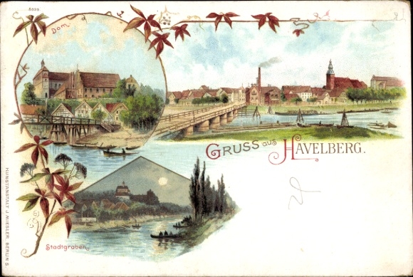 Chromo-Litho Havelberg in Saxony Anhalt, city moat, cathedral, partial view