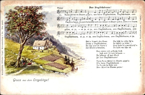 Song Postcard Vogel, Wilhelm, Dar Vuglbärbaam, idyllic landscape, Erzgebirge