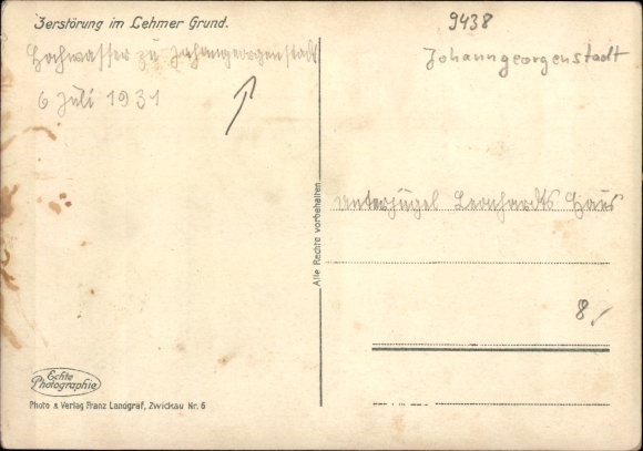 PC Johanngeorgenstadt in the Erzgebirge of Saxony, Lehmer Grund, storm disaster on July 6, 1931