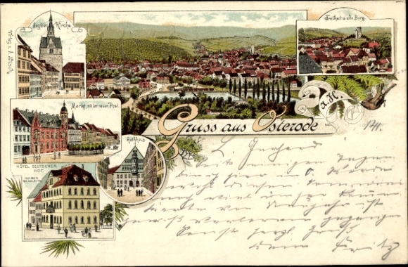 lito Osterode w Dolnej Saksonii, ratusz, Hotel Deutscher Hof, właściciel Ch. Ahlburg, rynek, poczta, kościół