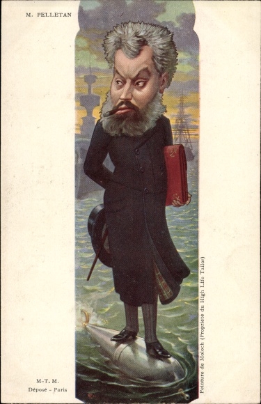 Artist Postcard Sirat, Camille Pelletan, Minister of the Navy, portrait on a torpedo, caricature