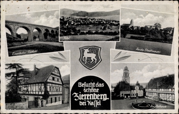 Postcard Zierenberg in Hessen, town hall, railway viaduct, on the city wall, coat of arms