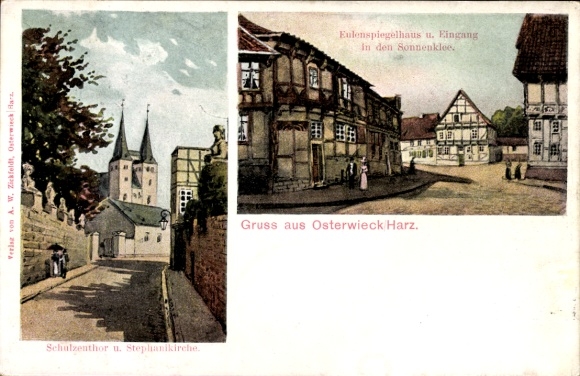 Postcard Osterwieck am Harz, Eulenspiegelhaus, Sonnenklee, Schulzentor, Stephanikirche