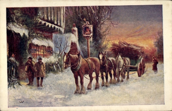 Künstler Ak Dorfpartie im Winter, Holzsammler