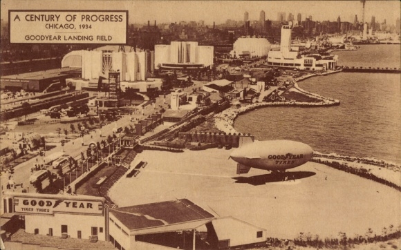 Ansichtkaart Chicago Illinois USA, luchtschip, Goodyear Landing Field, tentoonstelling, 1934