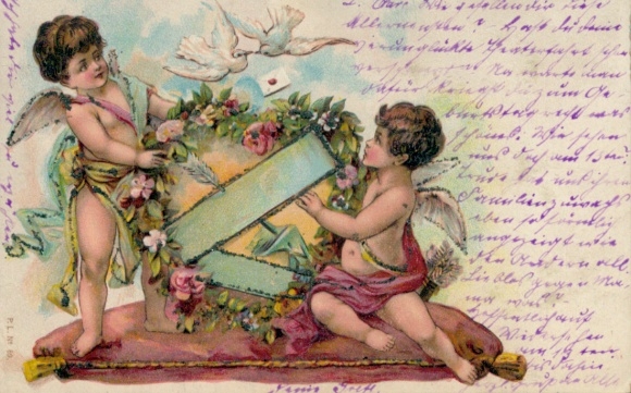 Glitter Chromo-Litho love angels, doves, flowers