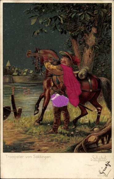Fabric embossed artist Chromo-Litho Schöbel, trumpeter von Säckingen, horse, river