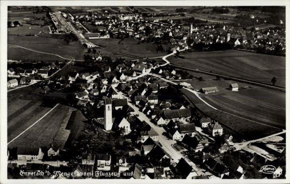Postcard Ennetach Mengen in Upper Swabia Württemberg, aerial view of Ennetach, rural surroundings, Fe