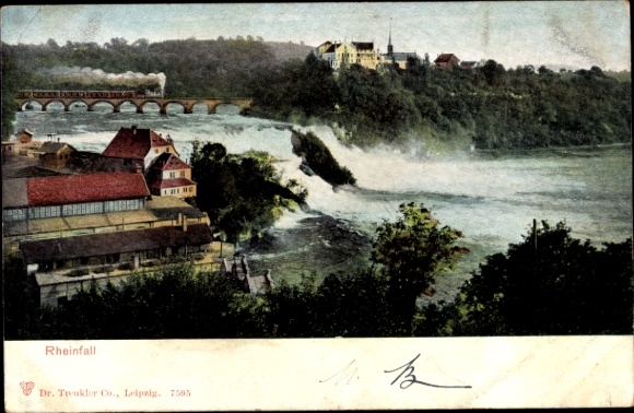 Ak Rheinfall Kanton Schaffhausen,  Brücke, Zug, Wasserfall, Landschaft