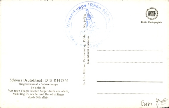 Postcard Wasserkuppe Rhön, Nuremberg glider at the Aviation Monument, D-13-245