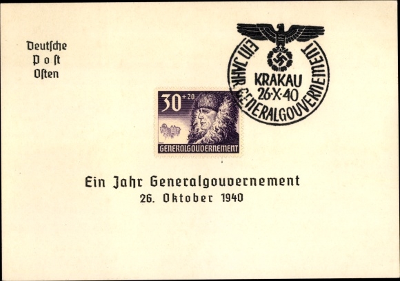 PC stamp Kraków Krakow Poland, One Year General Government, October 26, 1940, Deutsche Post Osten
