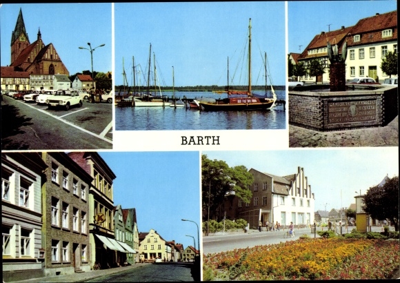 Postcard Barth on the Baltic Sea, market, on the pier, fountain, Ernst Thälmann Straße, park Dammstr.