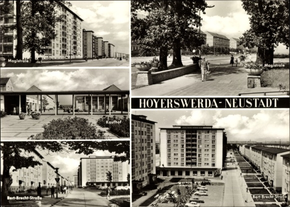 Postcard Hoyerswerda in Oberlausitz, Neustadt, Magistrale, Kaufhof, Bert-Brecht-Strasse