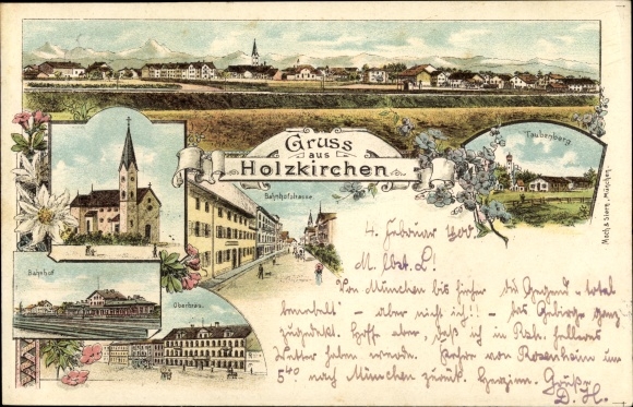 Chromo-Litho wooden churches in Upper Bavaria, church, train station, Taubenberg, Bahnhofstrasse, Oberbräu