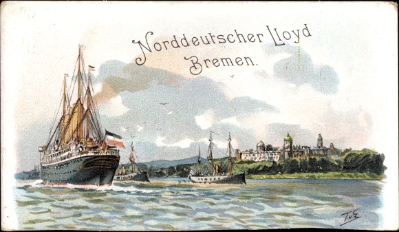 Kunstenaarskaart van hoekbrekers, Themistokles, stoomboot Norddeutscher Lloyd Bremen