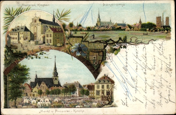 Litho Werl in Westfalen, markt, proostkerk, Franciscaans klooster, panorama